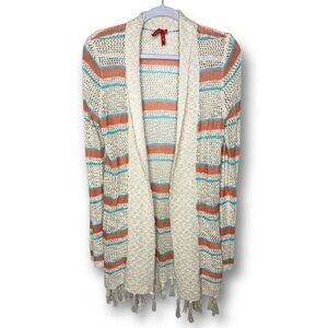 Red Camel Sz M Beige Orange Blue Stripe Southwestern Lightweight Fringe Cardigan
